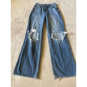 Womens Hollister Size 24 Jeans Ultra High Rise Dad Blue Distressed Pockets‎
